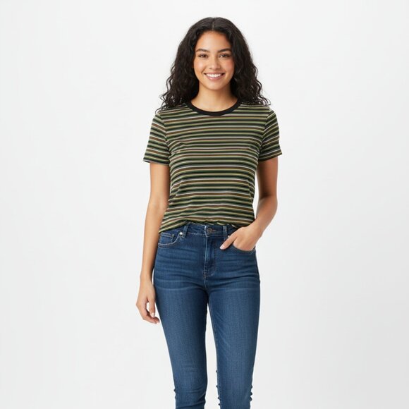 No Boundaries Ribbed Striped Ringer Tee | Green Yellow Black | Size M (7–9) - Picture 1 of 7